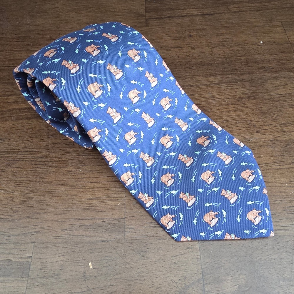 Hermes 100% Silk Tie Mens Blue Whimsical Bear Fishing Print 5003 Made in France